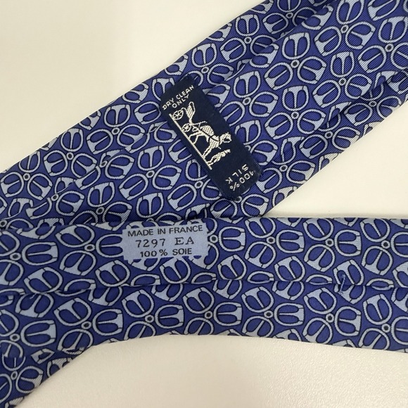 Hermes Men's Tie Equestrian Bits Blue Satin Silk 7297 EA 3.25" (W) x 56" (L) guc - Picture 3 of 9